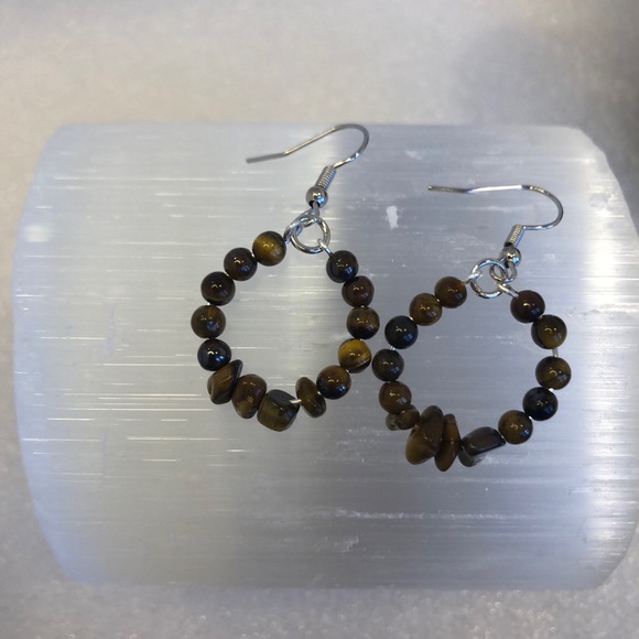 Tigers eye hoop earrings handmade gemstone circle dangle earrings - Picture 4 of 7